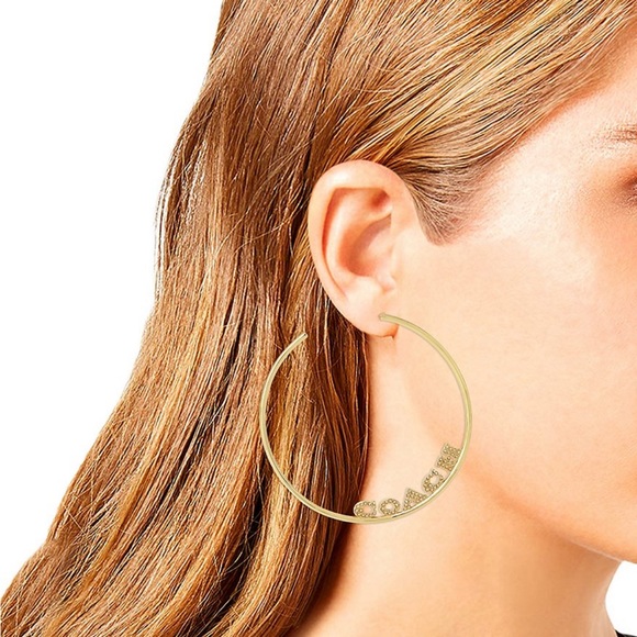 Gold COACH Signature Logo Diamanté Hoop Earrings - Picture 5 of 10